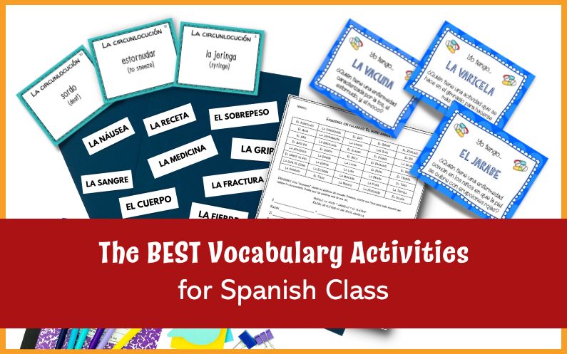 Featured image for blog post on the best vocabulary activities for Spanish class, depicting several Spanish worksheets and vocabulary task cards.