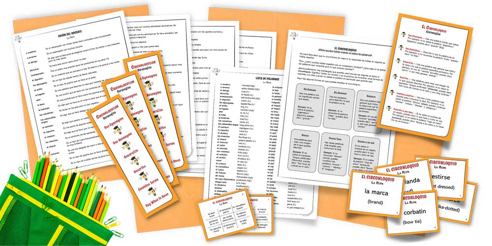 An image of circumlocution strategy handouts, bookmarks, and task cards